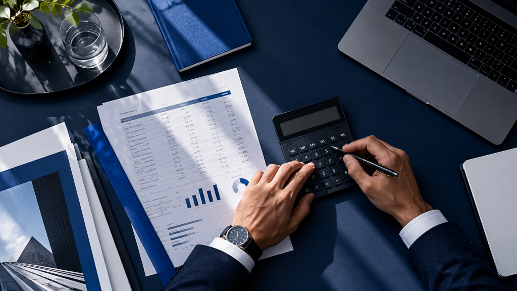 Analyse d’un budget de projet avec une calculatrice et un tableau de coûts