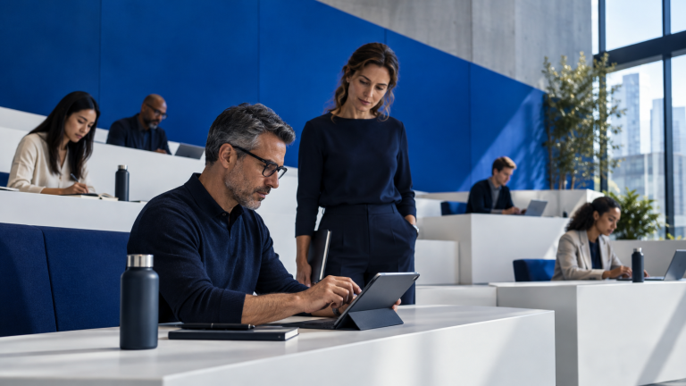 Collaborateur travaillant sur une tablette avec l’appui d’une formatrice lors d’un atelier pratique