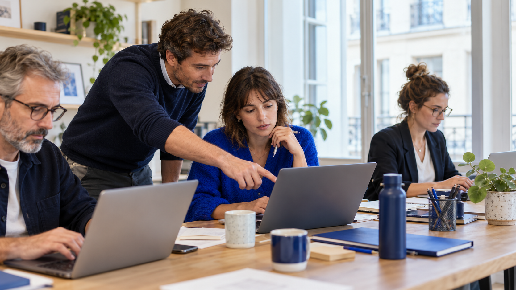 Atelier pratique où des collaborateurs utilisent leurs ordinateurs avec l’accompagnement d’un formateur